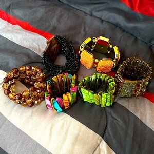 These are 6 beautiful bracelets you can dress up or down they are stretchable.